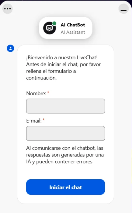Chat de soporte de SpinGranny Casino con asistente de inteligencia artificial y formulario para introducir nombre y correo electrónico
