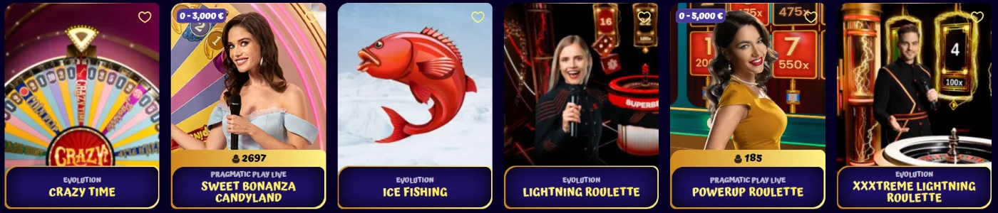 Juegos de casino en vivo de SpinGranny Casino con Crazy Time, Sweet Bonanza CandyLand, Ice Fishing, Lightning Roulette, PowerUP Roulette y XXXtreme Lightning Roulette