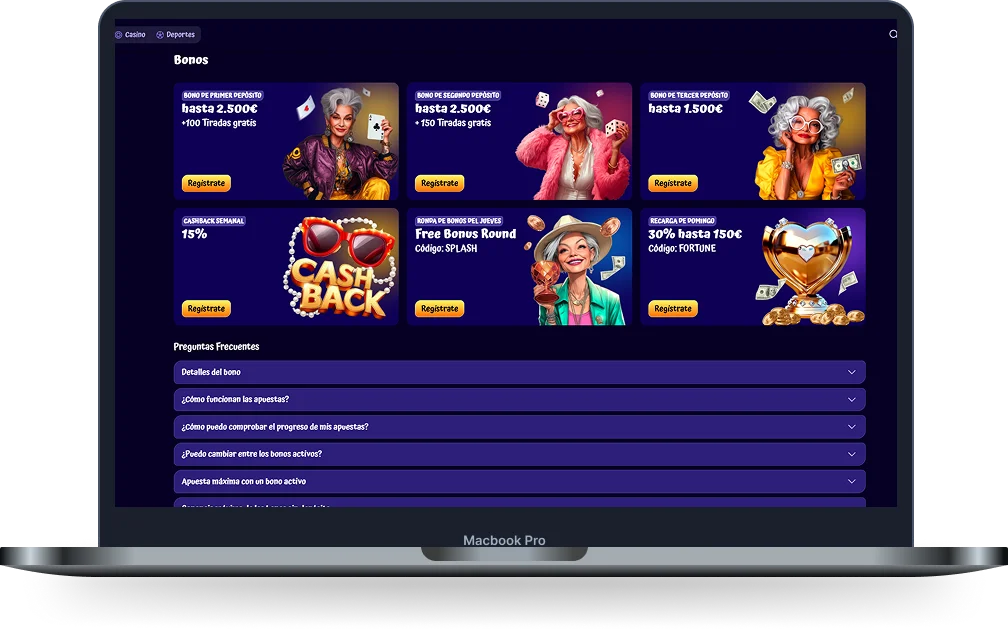 Página de bonos de SpinGranny Casino en ordenador con bonos de depósito, cashback semanal, ronda de bonos del jueves, recarga del domingo y preguntas frecuentes