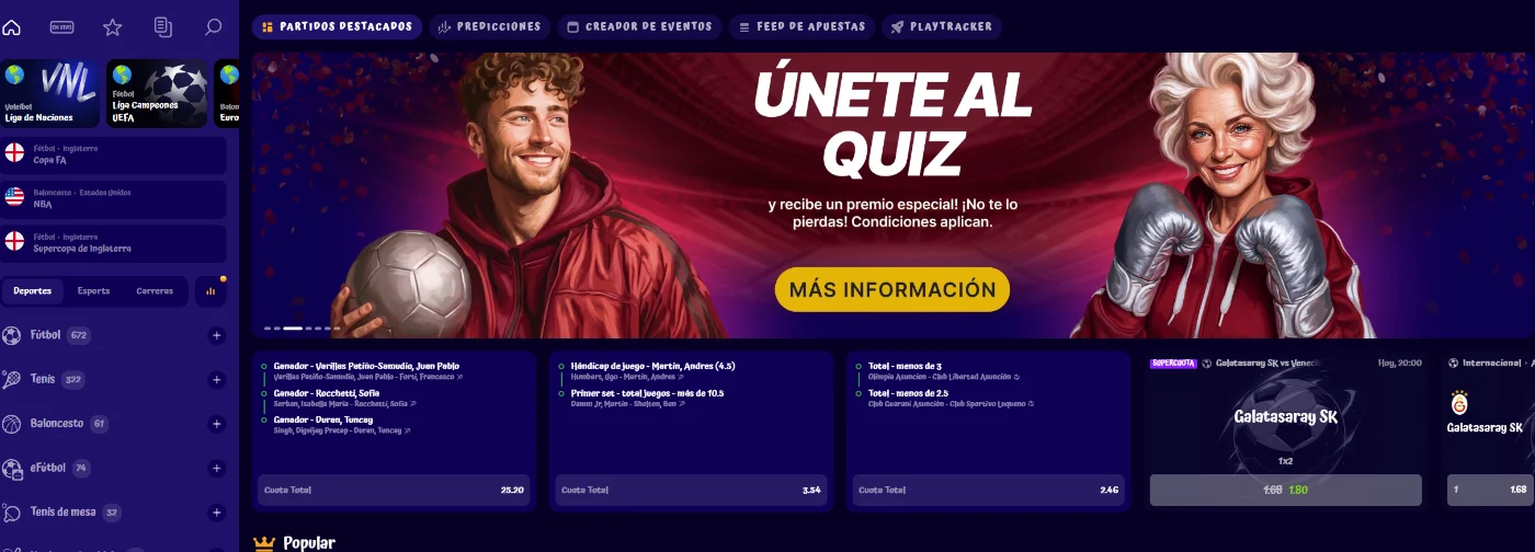 Sección de apuestas deportivas de SpinGranny Casino con partidos destacados, cuotas, fútbol, tenis, baloncesto y promoción especial de quiz
