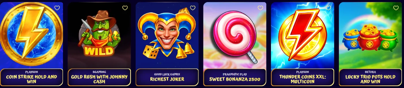 Selección de slots de SpinGranny Casino con Coin Strike Hold and Win, Gold Rush with Johnny Cash, Richest Joker, Sweet Bonanza 2500, Thunder Coins XXL y Lucky Trio Pots Hold and Win